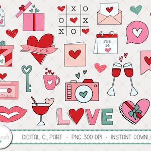 Valentine&#39;s Day Clipart Set, Valentine Clipart, Love Clipart, Valentine&#39;s Day PNG, Commercial Use, Instant Download, Digital Clipart