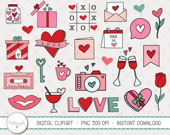 May include: A set of 20 Valentine's Day themed digital clipart images. The images are hand-drawn and feature hearts, gifts, a camera, a key, a love sign, a mix tape, a glass of wine, a rose, a love letter, a calendar, a speech bubble, and a tic-tac-toe board. The images are in pink, red, green, and white.