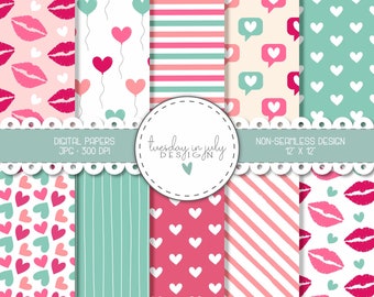 Valentine's Day Paper Pack, Valentine Papers, Love Digital Papers, Valentine Scrapbook Papers, Heart Patterns, Backgrounds, Commercial Use