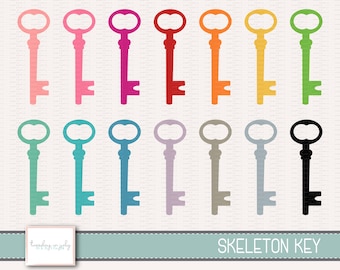 May include: A set of 16 skeleton key illustrations in various colors, including pink, red, orange, yellow, green, blue, teal, purple, gray, and black. The keys are all in the same style, with a simple, classic design. The text "SKELETON KEY" is at the bottom of the image.