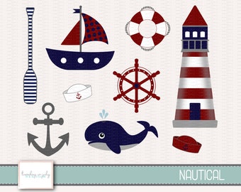 Nautical-Whale-Lighthouse-Sailboat-Anchor-Clipart Set, Commercial Use, Instant Download, Digital Clipart, Digital Images- CP218