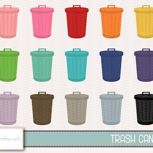 Pode incluir: Um conjunto de 12 latas de lixo coloridas em uma variedade de cores, incluindo rosa, vermelho, laranja, amarelo, verde, azul, roxo, marrom, cinza, azul claro, preto e branco. As latas de lixo são todas do mesmo tamanho e forma, e têm um design simples. O texto "TRASH CANS" está na parte inferior da imagem.