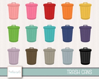 May include: A set of 12 colorful trash cans with a variety of colors including pink, red, orange, yellow, green, blue, purple, brown, gray, light blue, black, and white. The trash cans are all the same size and shape, and they have a simple design. The text "TRASH CANS" is at the bottom of the image.