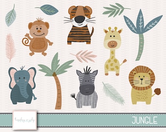May include: A set of colorful jungle animal illustrations, including a monkey, tiger, giraffe, zebra, elephant, lion, and palm tree. The illustrations are in a cartoon style and are perfect for use in children's books, crafts, or other creative projects.