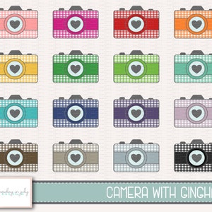May include: Set of 16 digital camera illustrations with a gingham pattern and a heart in the center of the lens. The cameras are in various colors, including pink, red, orange, yellow, green, blue, purple, brown, gray, and black.