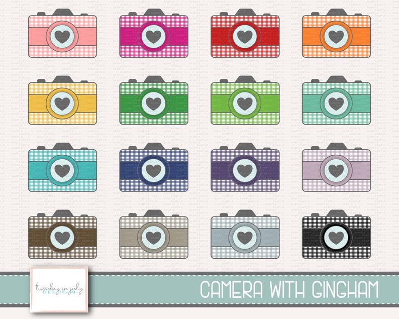May include: Set of 16 digital camera illustrations with a gingham pattern and a heart in the center of the lens. The cameras are in various colors, including pink, red, orange, yellow, green, blue, purple, brown, gray, and black.