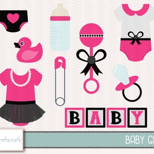Baby Girl - Baby Shower Girl - Pink & Black-Clipart Set, Uso commerciale, Download istantaneo, Clipart digitale, Immagini digitali - CP236
