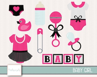 Baby Girl- Baby Shower Girl- Pink & Black-Clipart Set, Commercial Use, Instant Download, Digital Clipart, Digital Images- CP236