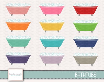 May include: Set of twelve cartoon bathtub illustrations in various colors, including pink, red, orange, yellow, green, teal, blue, purple, gray, and white. Each bathtub has white foam bubbles inside.