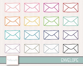 May include: Set of 16 hand-drawn envelope illustrations in various colors, including pink, red, orange, yellow, green, blue, purple, gray, and black. The envelopes are all in the same style, with a simple outline and a flap.