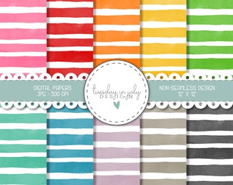May include: Twelve digital paper designs featuring watercolor stripes in various colors, including pink, red, orange, yellow, green, blue, purple, gray, and black. Each design is 12 inches by 12 inches and 300 DPI.