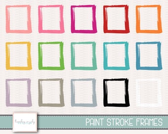 May include: Set of 16 paint stroke frames in various colors, including pink, red, orange, yellow, green, blue, purple, gray, black, and white. The frames are all square and have a rough, hand-painted look.  "Paint Stroke Frames" is written in blue text at the bottom of the image.