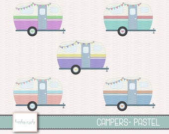 Vintage Camper (Pastels) Camper with Bunting-Camper-Clipart Set,Commercial Use,Instant Download, Digital Clipart, Digital Images- CP242