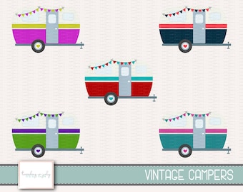 May include: Five vintage camper illustrations with colorful paint schemes and bunting flags. Each camper has a white body, a gray door, and a single wheel. The campers are in shades of pink, green, red, blue, and teal.
