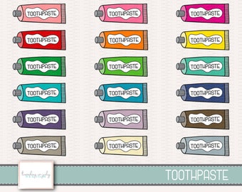 May include: A set of 18 colorful toothpaste tube illustrations. Each tube has a black outline and the word "TOOTHPASTE" printed on it. The tubes are arranged in three rows of six, with each row featuring a different color.