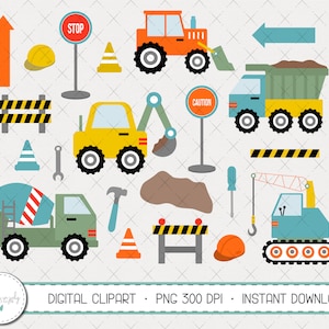 Set di clipart di costruzione, camion di costruzione, clipart digitale di costruzione, bulldozer, autocarro con cassone ribaltabile, betoniera, immagini digitali - CP267