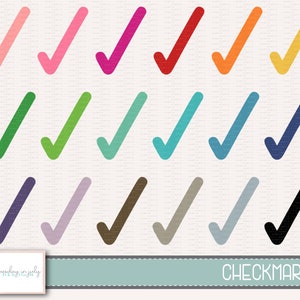 May include: A set of 18 colourful checkmarks in various shades of pink, red, orange, yellow, green, blue, purple, brown, and grey. The checkmarks are all in the same style, with a rounded, hand-drawn look. The checkmarks are arranged in three rows of six, with each row featuring a different colour scheme.