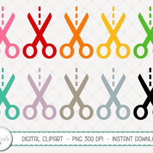 Puede incluir: Conjunto de diez imágenes de clipart digital de tijeras con una línea discontinua, en varios colores, incluyendo rosa, rojo, naranja, amarillo, verde, turquesa, morado, gris, plateado y negro.