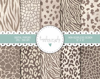 May include: Set of eight digital papers featuring animal print patterns in brown and beige. The patterns include zebra stripes, giraffe spots, and leopard spots. The papers are 12 inches by 12 inches and 300 DPI.