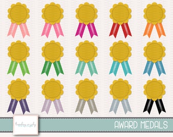 May include: Set of 12 gold award medals with colorful ribbons. The ribbons are in various colors, including pink, red, orange, green, blue, purple, gray, and black.