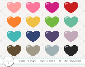 May include: Set of 16 digital clipart images of hearts in various colors, including pink, red, orange, yellow, green, blue, purple, brown, gray, and black. The hearts are all the same size and shape, and they are arranged in a grid pattern.