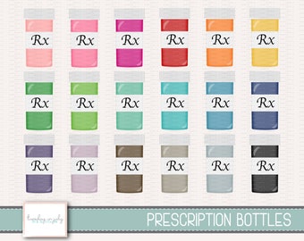May include: A set of 18 colorful prescription pill bottles with white labels and the word "Rx" printed on each label.