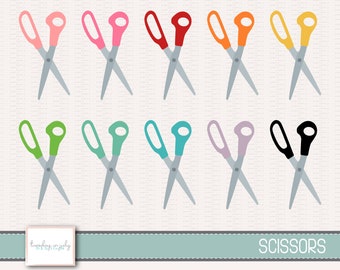 May include: Ten pairs of scissors with different colored handles. The handles are pink, red, orange, yellow, green, turquoise, purple, black, and two shades of green. The scissors are all closed and crossed.