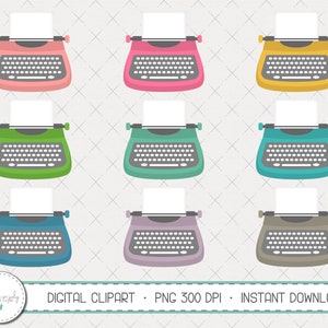 May include: Nine vintage-style typewriters in various colors, including pink, yellow, green, blue, and gray. Each typewriter has a blank sheet of paper in the carriage and a black keyboard.