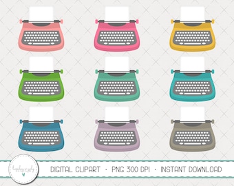 May include: Nine vintage-style typewriters in various colors, including pink, yellow, green, blue, and gray. Each typewriter has a blank sheet of paper in the carriage and a black keyboard.