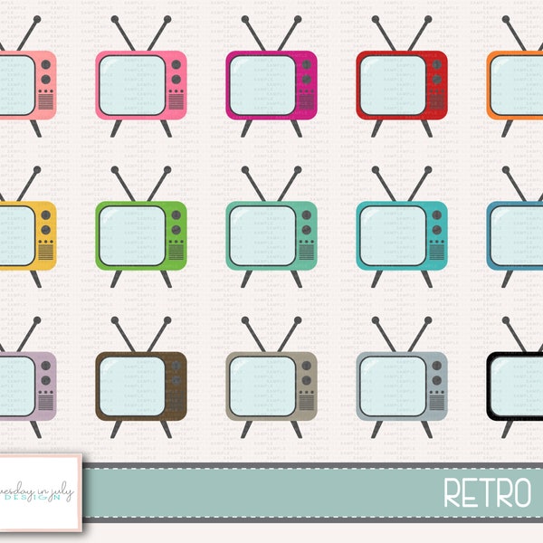 Retro Television- Retro TV- Vintage TV- Television- Clipart Set, Commercial Use, Instant Download, Digital Clipart, Digital Images-MP218