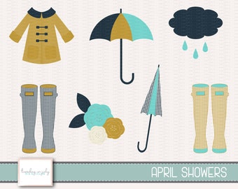 Conjunto de imágenes prediseñadas de lluvia de abril: botas de lluvia, paraguas y flores (imágenes digitales)