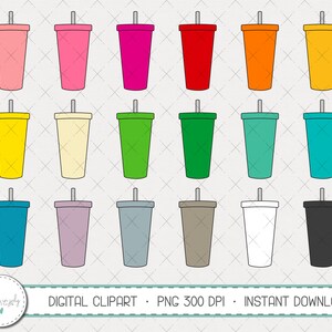 May include: Set of 18 digital clipart images of various colored tumblers with straws. The tumblers are all the same shape and size, but they are in different colors, including pink, red, orange, yellow, green, blue, purple, gray, and black.