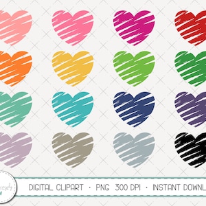 May include: Set of 12 digital clip art images of hearts with a scribbled pattern in various colours, including pink, red, orange, yellow, green, blue, purple, grey, and black. The hearts are isolated on a white background.