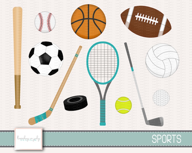 May include: A set of colorful sports equipment illustrations, including a baseball, basketball, football, soccer ball, volleyball, golf ball, tennis ball, a baseball bat, a hockey stick, a golf club, a tennis racket, and a puck. The word "SPORTS" is written in gray text at the bottom of the image.