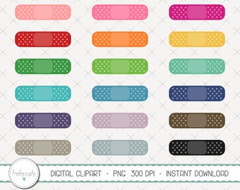 May include: A set of 18 digital clipart images of colorful band-aids. Each band-aid has a white center and a dotted border. The colors include pink, red, orange, yellow, green, teal, blue, purple, gray, and black.