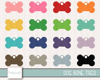 May include: A set of 16 dog bone shaped tags in various colors, including pink, red, orange, yellow, green, blue, purple, brown, gray, and black. The tags are blank and ready to be personalized.  DOG BONE TAGS.