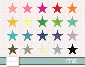 May include: A set of 20 colorful star shapes, each with a different color. The stars are arranged in four rows of five stars each. The colors include pink, red, orange, yellow, green, blue, purple, brown, gray, and black.