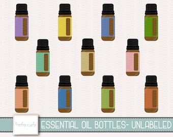 May include: Ten unlabeled essential oil bottles in various colors, including purple, yellow, blue, green, teal, beige, pink, orange, light blue, and green. The bottles are all the same size and shape, with a brown cap.