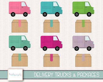May include: Set of nine illustrations featuring delivery trucks and packages. The trucks are in various colours, including pink, teal, green, mint green, magenta, and purple. The packages are brown with a single strip of tape.