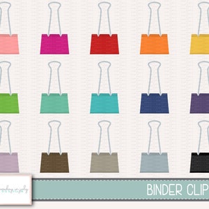May include: A set of 15 colourful binder clips. The clips are made of metal and have a variety of colours, including pink, red, orange, yellow, green, blue, purple, brown, grey, and black.