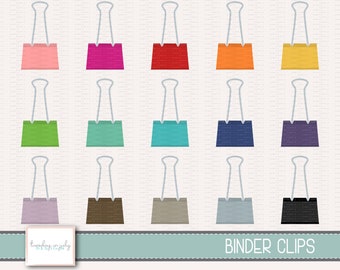 May include: A set of 15 colorful binder clips. The clips are made of metal and have a variety of colors, including pink, red, orange, yellow, green, blue, purple, brown, gray, and black.