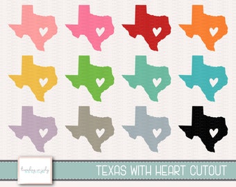 May include: A set of ten digital cut files featuring the outline of the state of Texas with a heart cutout in the center. The outlines are in various colors, including pink, red, orange, yellow, green, blue, purple, gray, and black.