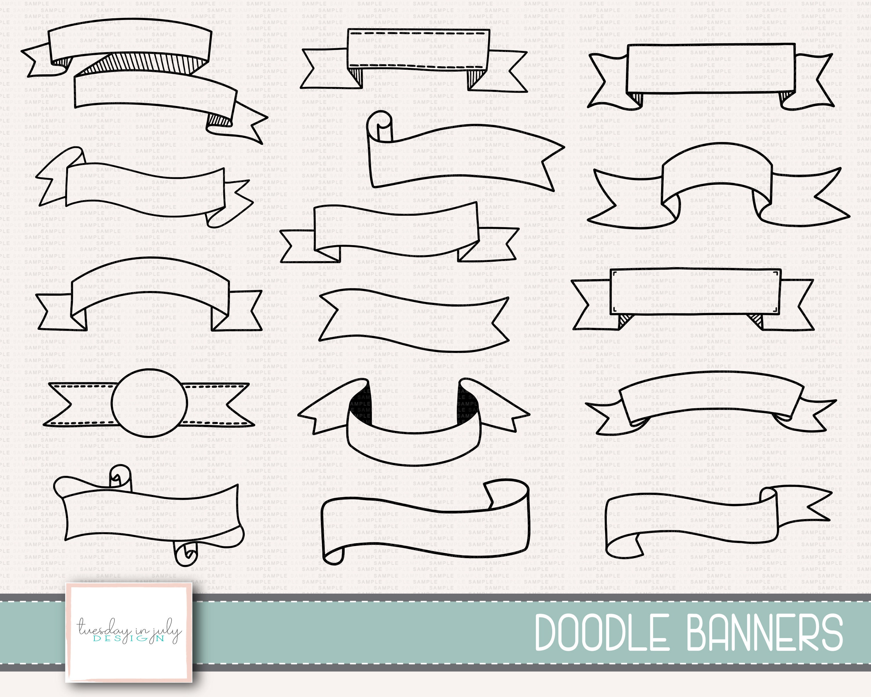 Doodle Banners Banner Digital Banners Hand Drawn Clipart Etsy