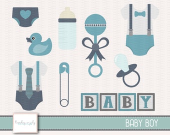 Baby Boy-Baby Shower-Boy Baby Shower-Blue & Gray-Clipart Set, Commercial Use, Instant Download, Digital Clipart, Digital Images- CP235