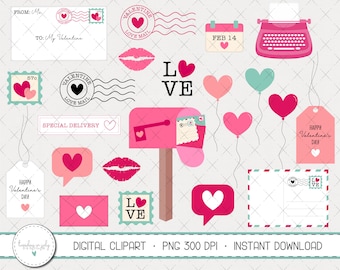 May include: A set of Valentine's Day digital clipart featuring a pink mailbox, red envelopes, hearts, lips, a typewriter, a calendar, and a postcard. The clipart is in a cartoon style and is perfect for creating Valentine's Day cards, invitations, and other crafts.