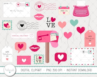 Valentine's Day Clipart Set, Valentine Mail Clipart, Valentine Clipart, Commercial Use, Instant Download, Digital Clipart, Digital Images