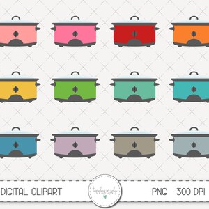 Può includere: Set di 12 immagini clipart digitali di pentole a cottura lenta in vari colori, tra cui rosa, rosso, arancione, giallo, verde, blu-verde, blu, viola, grigio e marrone. Le immagini sono in formato PNG e 300 DPI.