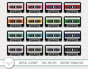 May include: A set of 12 digital clipart images of vintage cassette tapes in various colors, including pink, red, orange, yellow, green, blue, purple, teal, gray, and brown. The cassette tapes are black and white with a simple design.