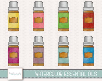 May include: Eight watercolor illustrations of essential oil bottles in various colors, including yellow, pink, green, red, purple, gray, blue, and teal. Each bottle has a brown label with a gold border.