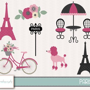 Paris-Eiffel Tower-Poodle-Bicycle with Flowers-Clipart Set, Uso commerciale, Download istantaneo, Clipart digitale, Immagini digitali- CP252